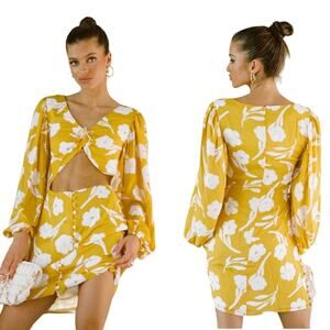 SABO SKIRT Lista Dress Paraiso Yellow Floral Large NEW Cutout Long Sleeve